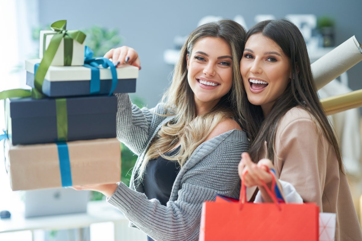 Group of happy friends during shopping